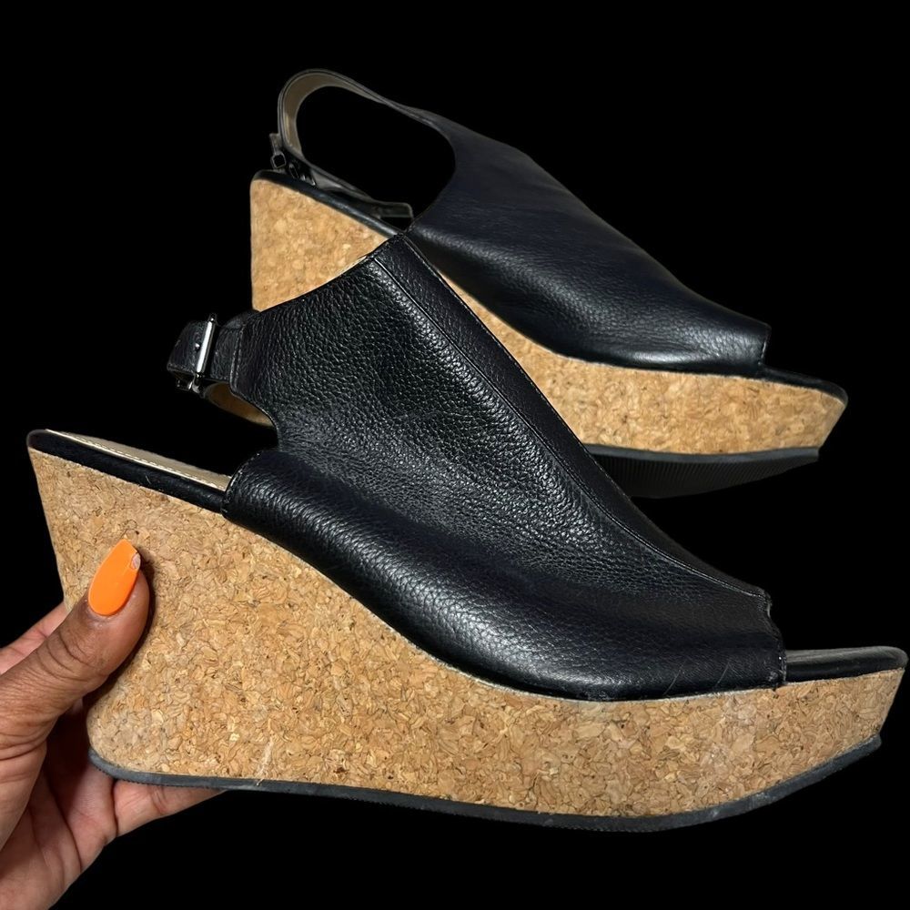 Kenneth Cole Black Leather Cork Wedges